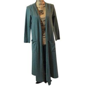 LuLaRoe Long Striped Open Cardigan Jacket Brown Aqua Stripes Small